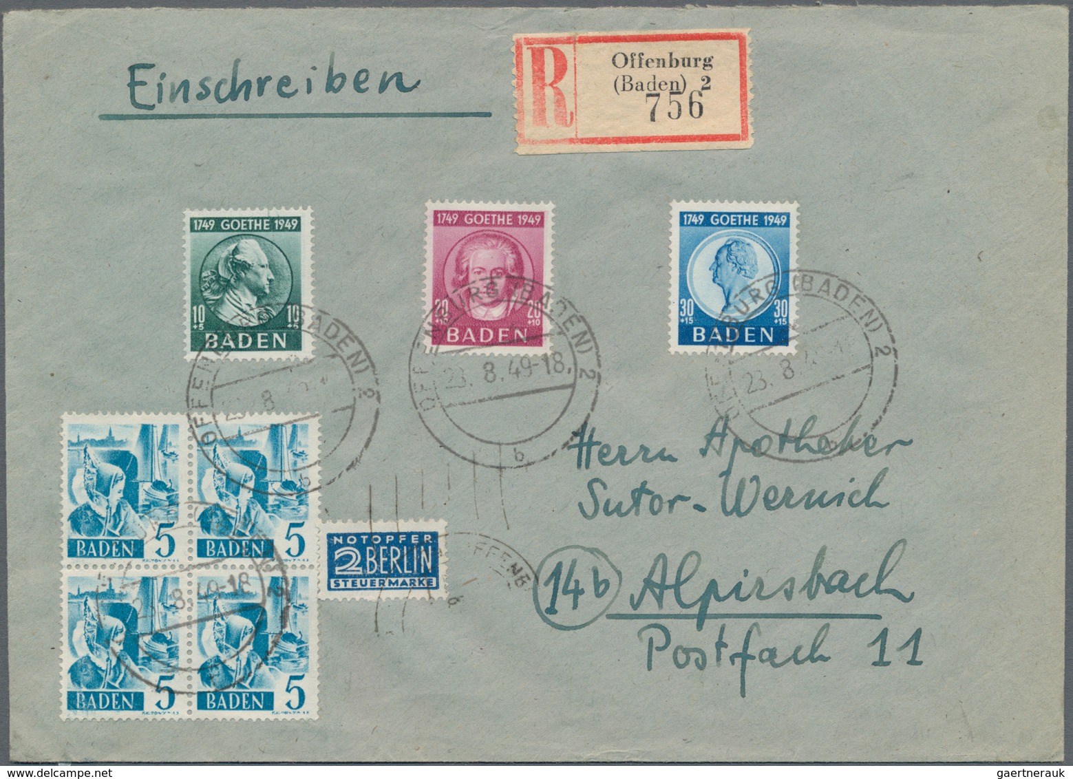 Französische Zone - Baden: 1946/1949, Partie von 43 Briefen/Karten mit Frankaturen Freimarken und au