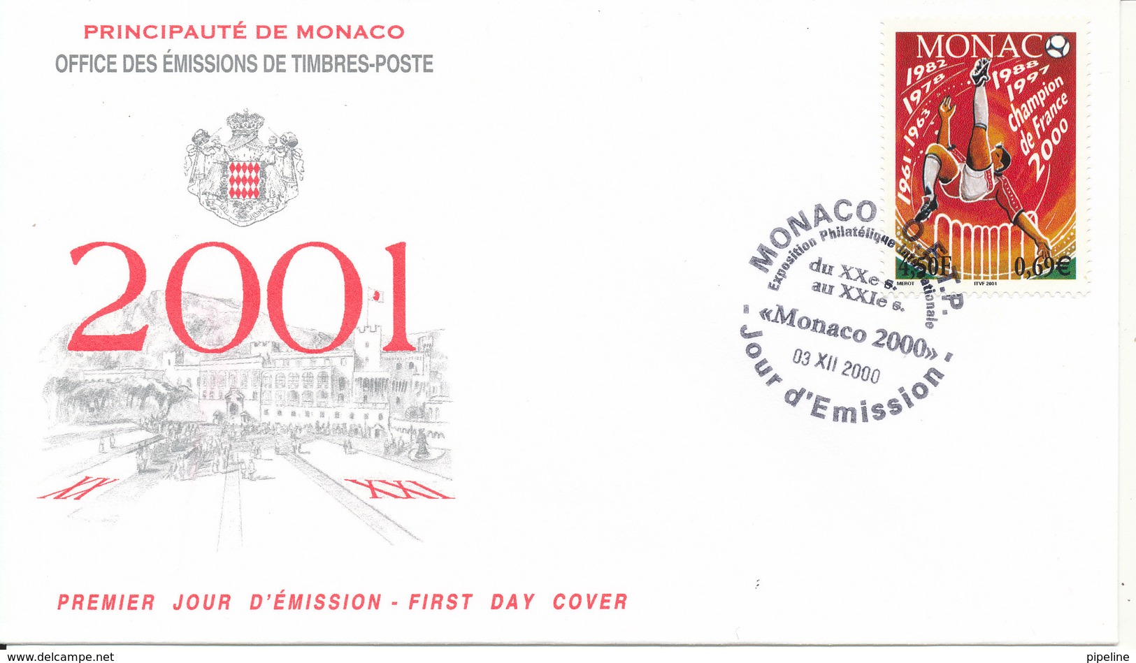 Monaco FDC 3-12-2000 Monaco AS Winner Of The French Football Championship With Cachet - FDC