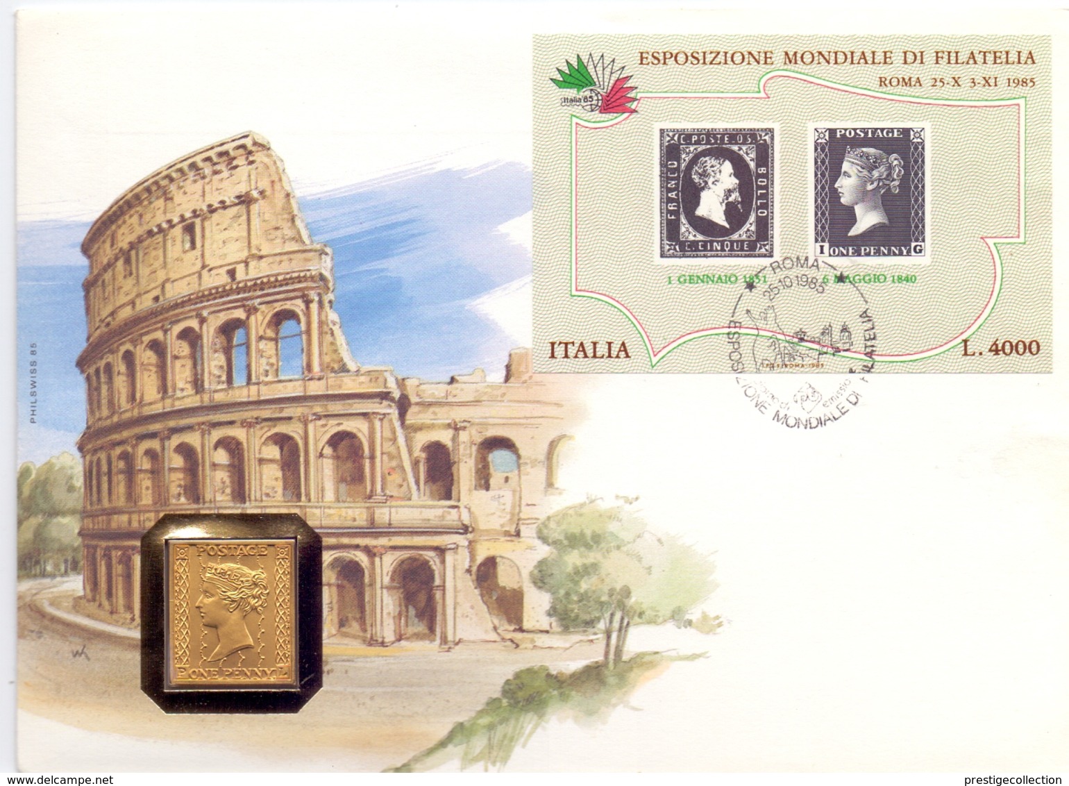 ROMA ESPOSIZIONE MONDIALE DI FILATELIA 1985 ONE PENNI ARGENTO 999  (FEB200372) - Esposizioni Filateliche