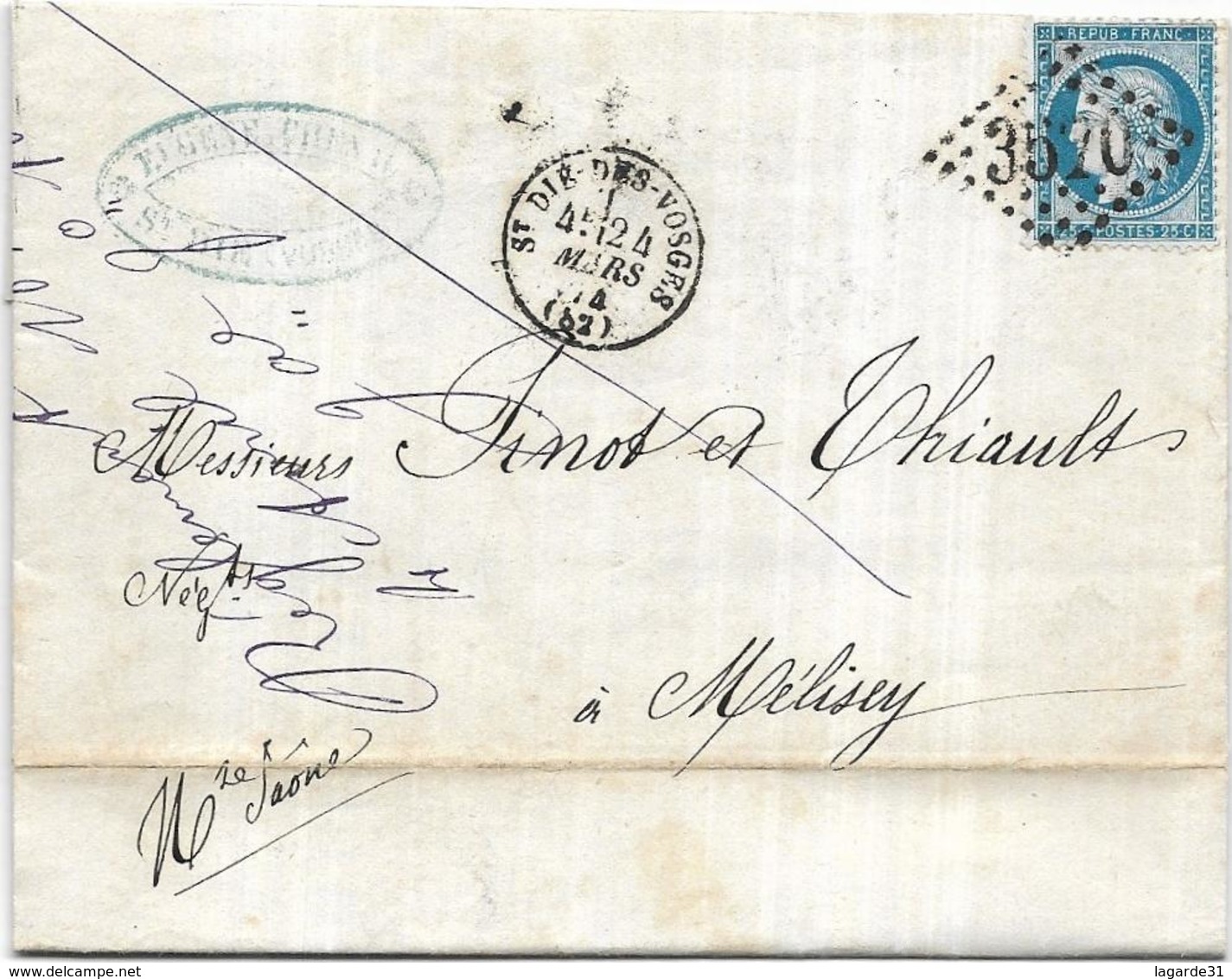 LAC 24 Mars 1874  Yvert 60 Cachet Gros Chiffres 3570 Saint Dié Des Vosges EUGENE CHENAL Fabrique De Tissus - 1849-1876: Période Classique