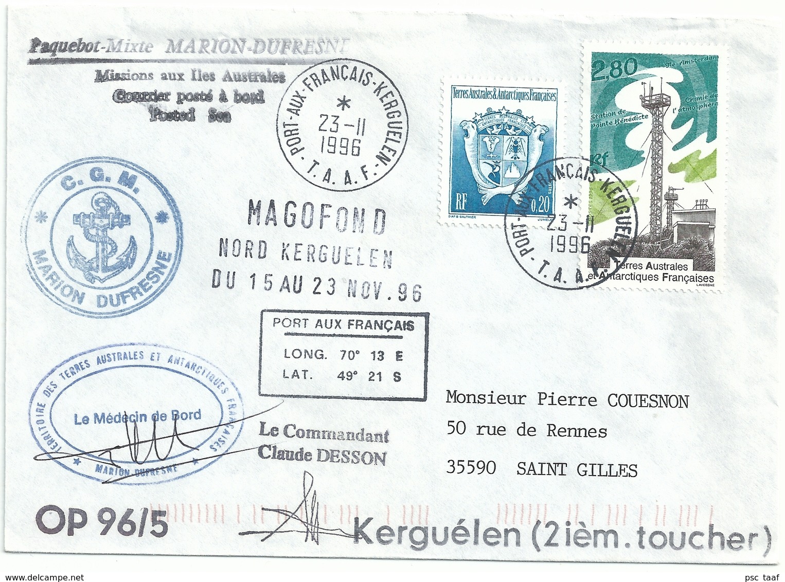 YT 205 - Station De Pointe Bénédicte - Chimie De L'atmosphère - Posté à Bord  Du MD - Kerguelen - 23/11/1996 - Storia Postale