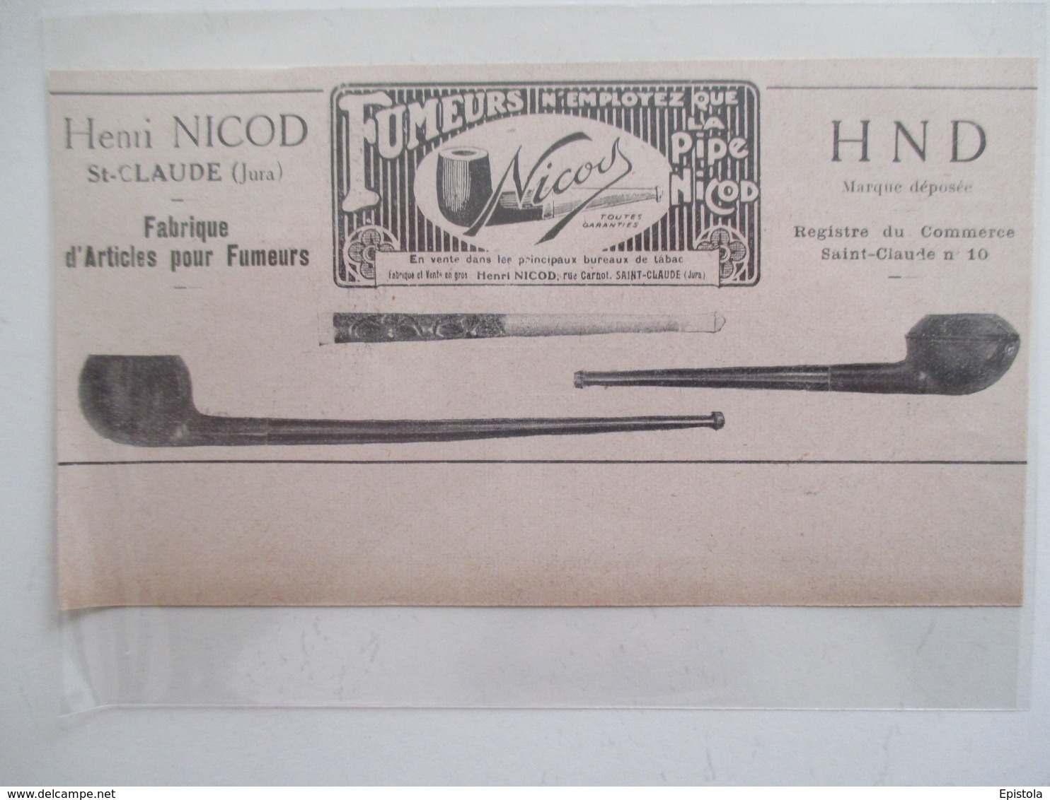 Année(1925) SAINT CLAUDE (Jura) PIPE  Henri NICOD - Ancienne Coupure De Presse - Pijpen In Bruyèrehout