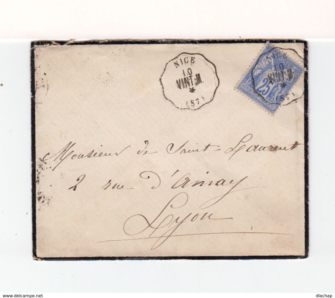 Sur Enveloppe Pour Lyon Double Cachet Convoyeur Nice Ligne Vint M 1940 Sur Type Sage 25 C. Bleu. (3431) - Bahnpost