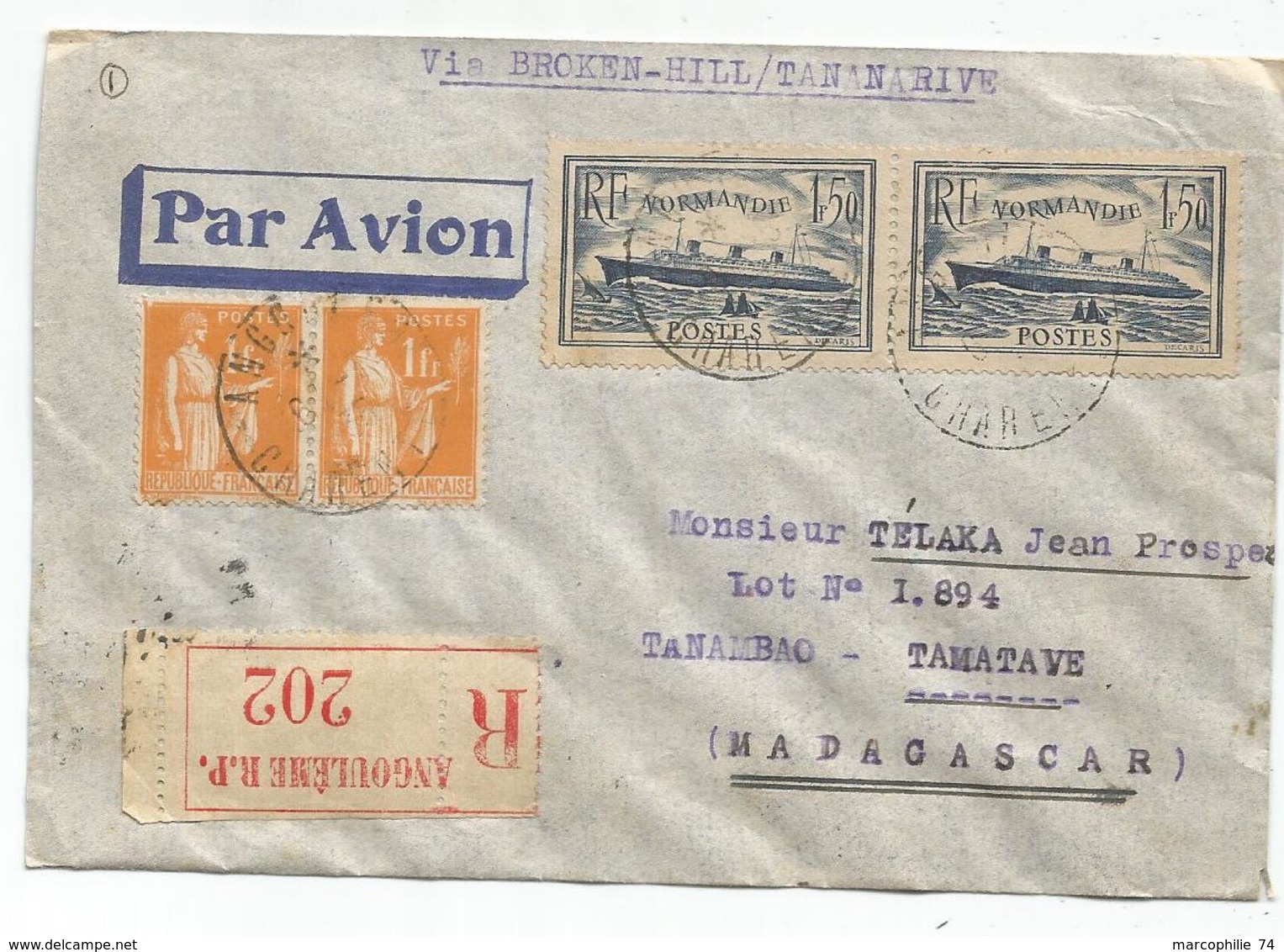 NORMANDIE 1FR50X2+N°286X2+284A LETTRE REC AVION ANGOULEME 1935 POUR MADAGASCAR VIA BROKEN HILL - 1921-1960: Période Moderne