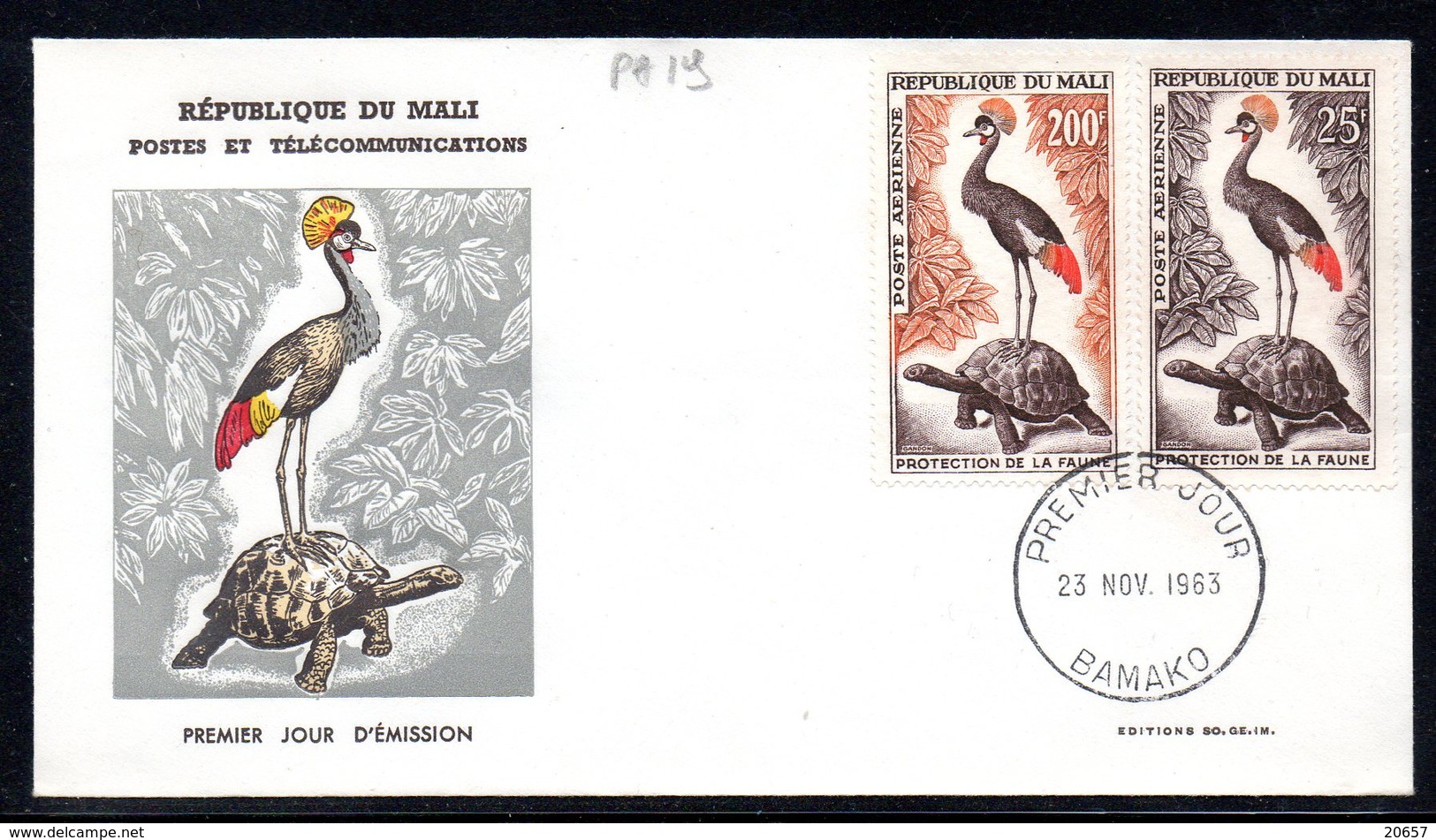 Mali A 019/20 Fdc Tortue, Grue Couronnée, Oiseau - Tortues