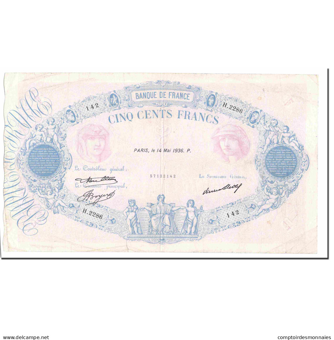 France, 500 Francs, Bleu Et Rose, 1936, 1936-05-14, TB+, Fayette:30.37, KM:66m - 500 F 1888-1940 ''Bleu Et Rose''