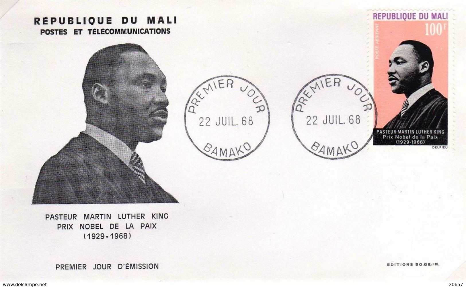 Mali A 059 Fdc Martin Luther King, Apôtre De La Paix, Prix Nobel - Martin Luther King