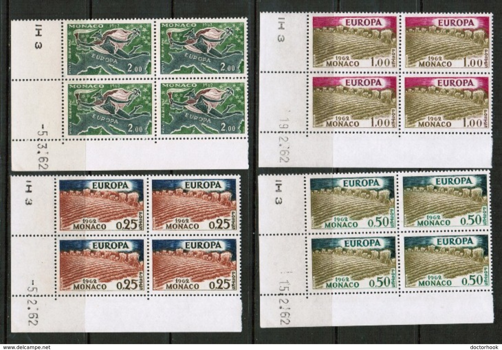 MONACO   Scott # 507-9,C 61** 1962 "EUROPA" VF MINT NH CORNER BLOCKS Of 4 (LG-1213) - Unused Stamps