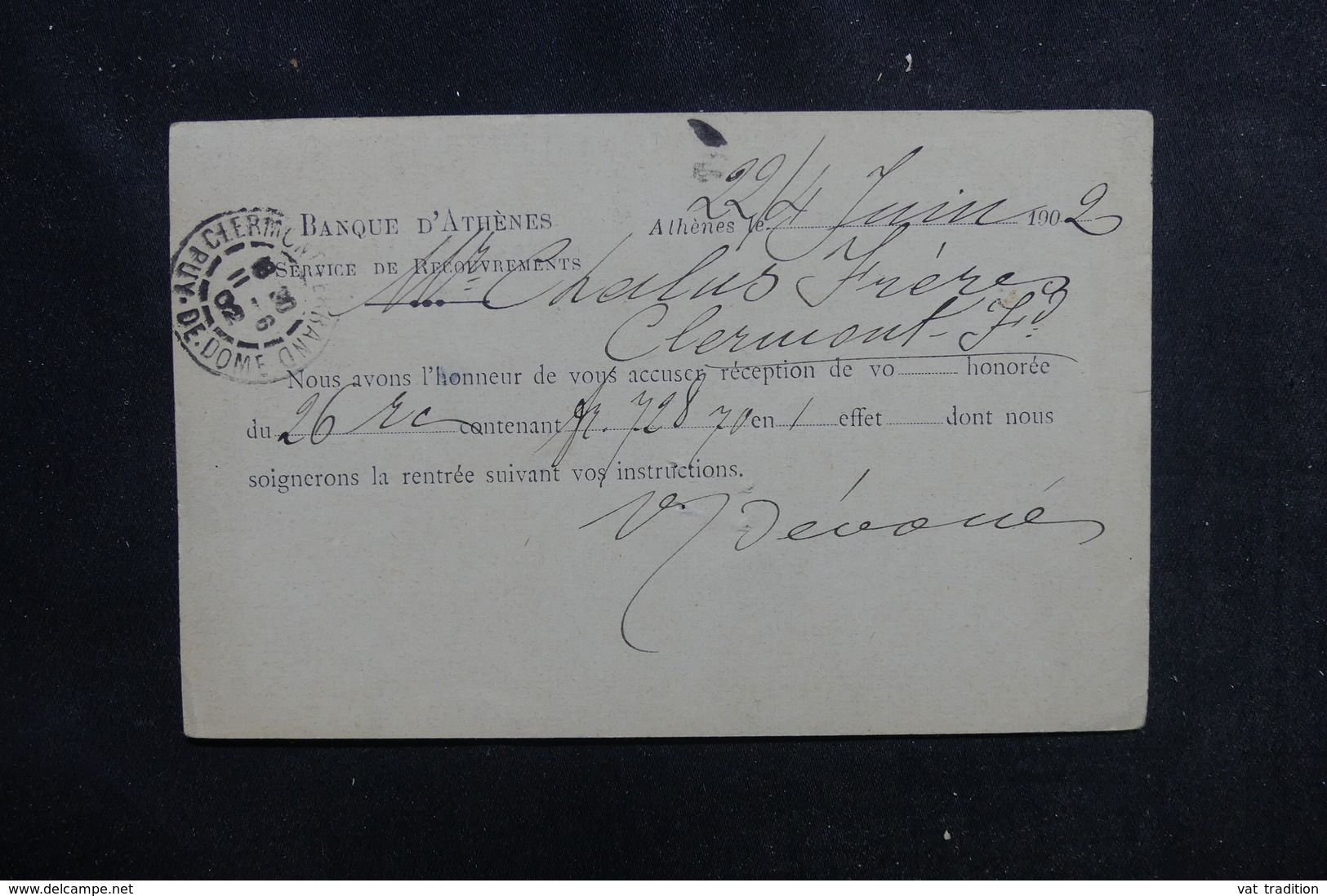 GRECE - Entier Postal Commerciale ( Repiquage De La Banque D'Athènes ) Pour La France En 1902 - L 52413 - Ganzsachen