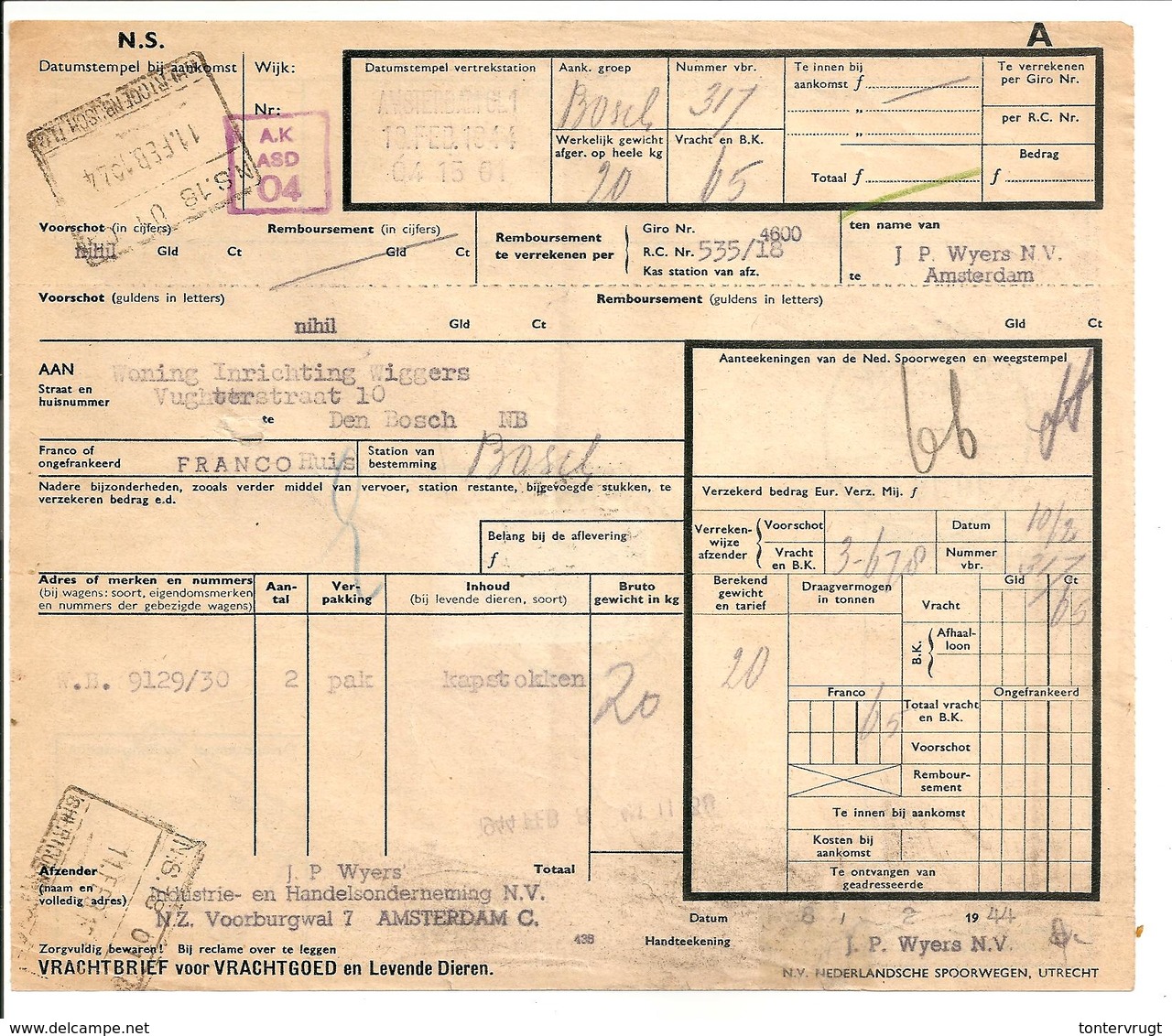 Spoorweg Vrachtbrief 65ct Rood Amsterdam>'s Hertogenbosch - Railway