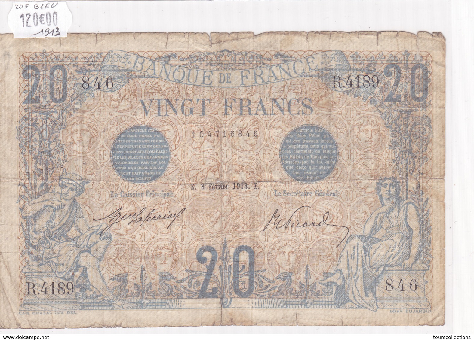 Billet De 20 Francs Bleu Du 8 Février 1913 - R.4189 Alph 846 @ N° Fayette : 10.3 - Date Peu Commune ! - 20 F 1905-1913 ''Bleu''