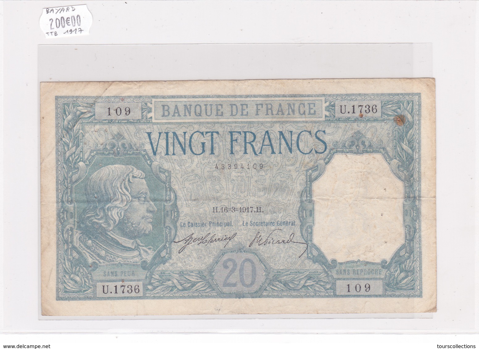 Billet De 20 Francs BAYARD Du 16 Mars 1917 - U.1736 Alph 109 @ N° Fayette : 11.2 - 20 F 1916-1919 ''Bayard''