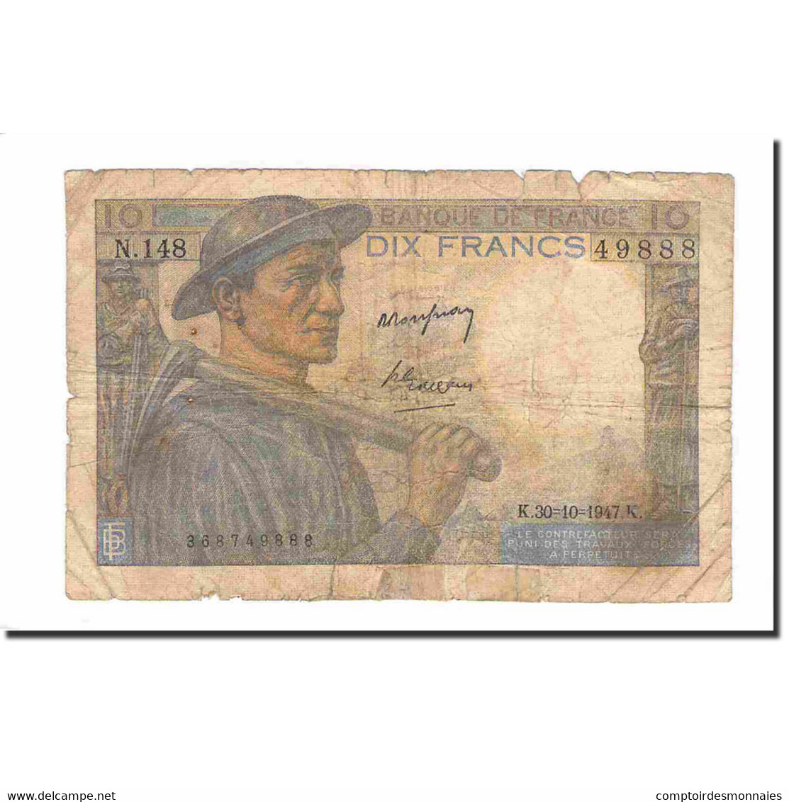 France, 10 Francs, Mineur, 1947, 1947-10-30, B, Fayette:8.18, KM:99f - 10 F 1941-1949 ''Mineur''