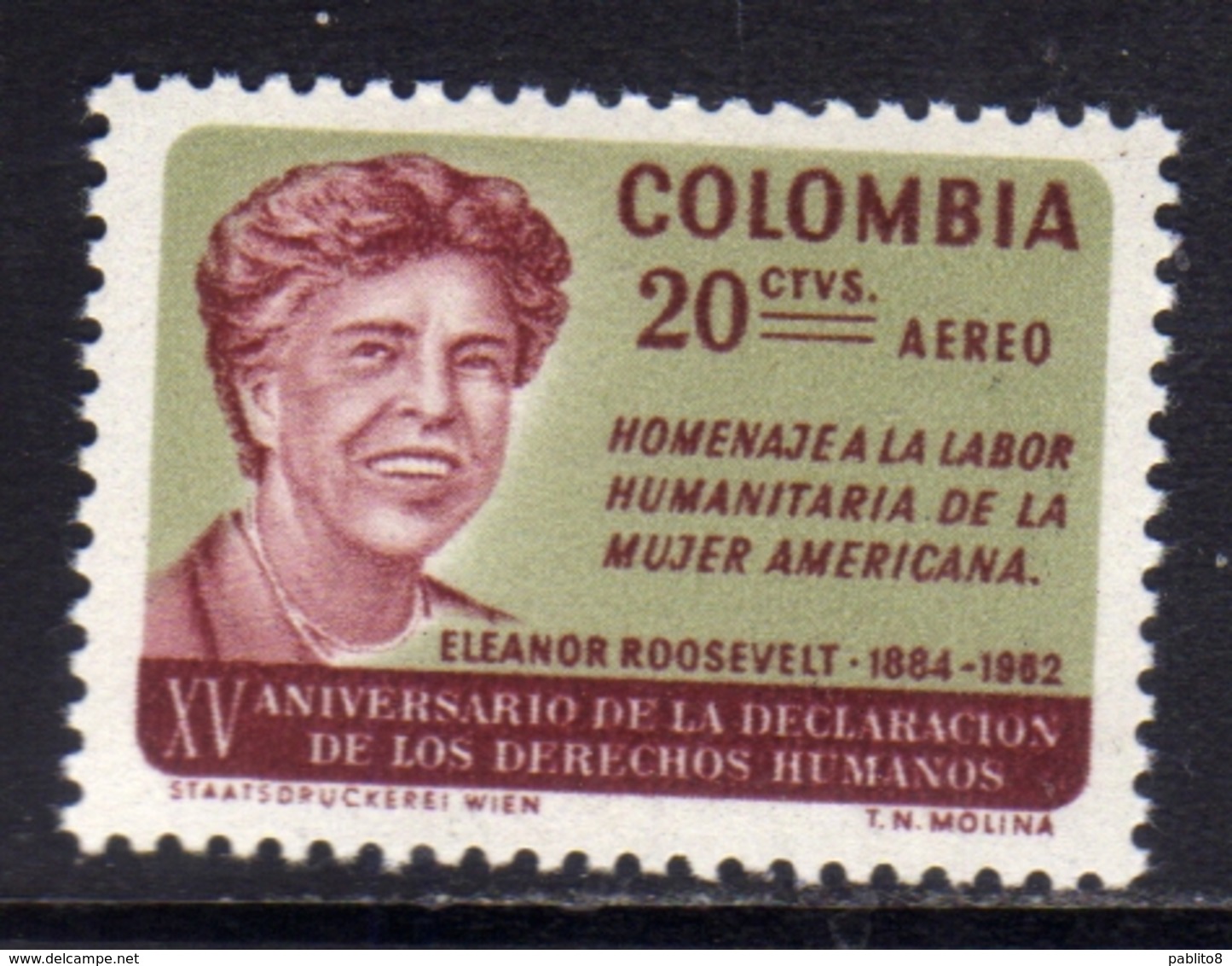 COLOMBIA 1964 AIR MAIL AEREO POSTA AEREA ELEANOR ROOSEVELT CENT. 20c MNH - Colombia