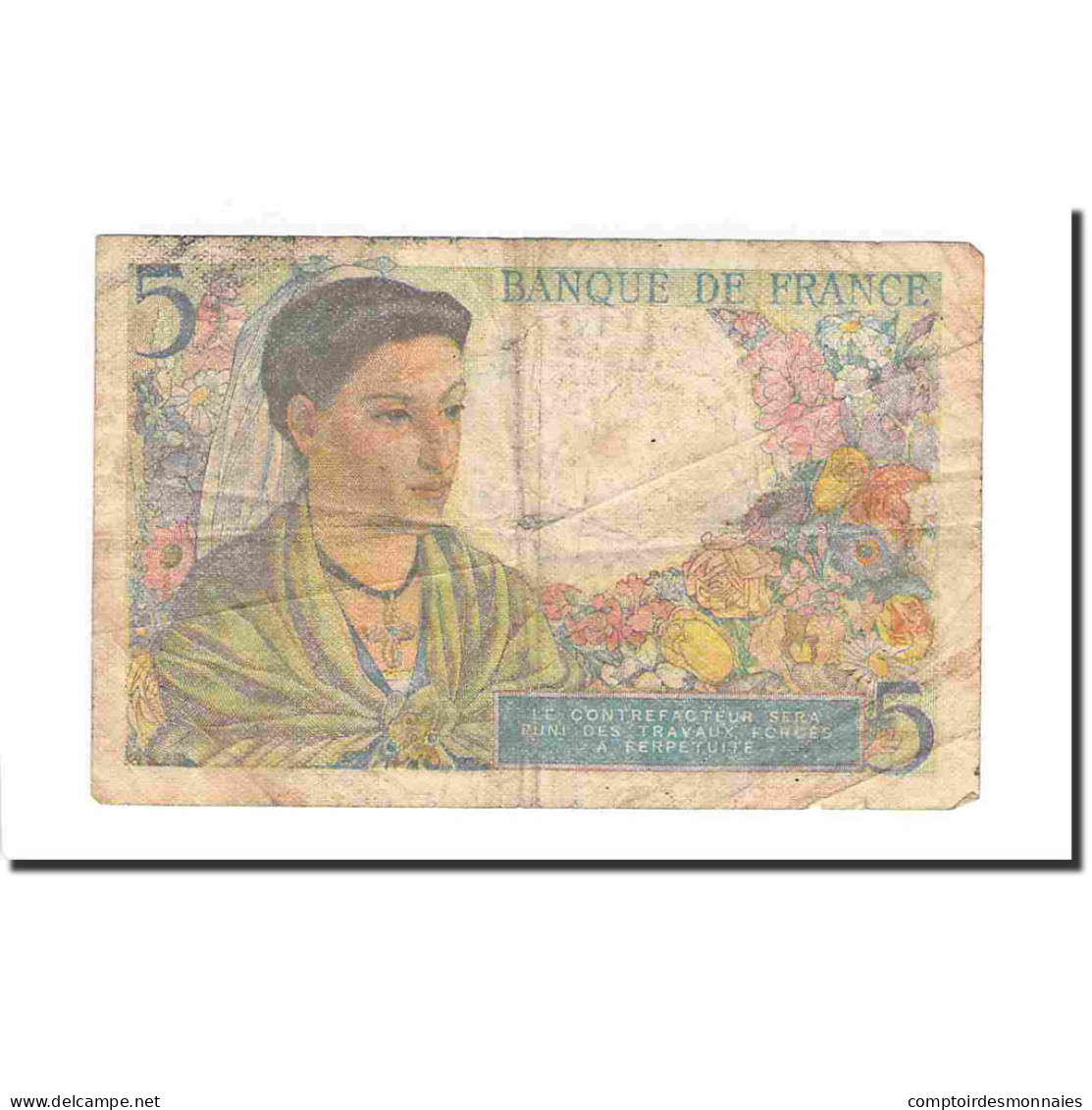 France, 5 Francs, Berger, 1943, 1943-07-22, B+, Fayette:5.2, KM:98a - 5 F 1943-1947 ''Berger''