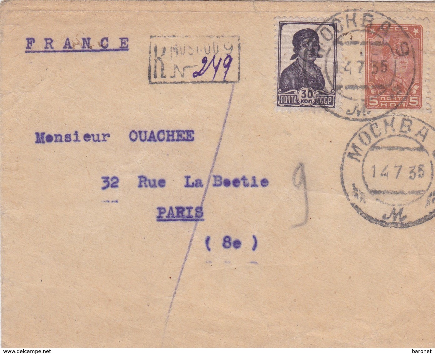 Env Recommandée T.P Ob Mochba 14 7 35  Env Pour Paris - Storia Postale