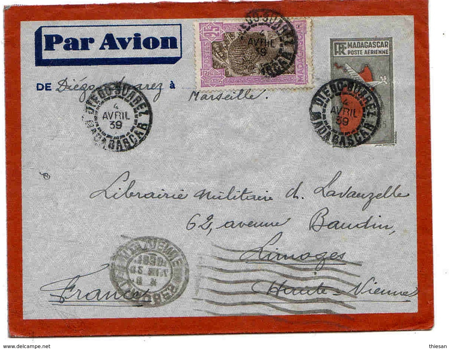 Madagascar Lettre Entier Avion Airmail Stationary Diego-Suarez 4 Avril 1939 Cover - Covers & Documents