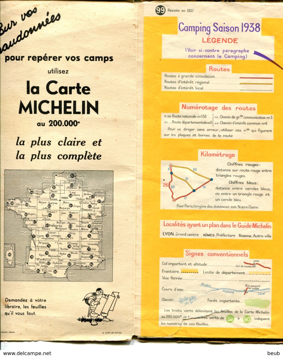 Carte Michelin N° 199 (France Sud) Camping Saison 1938 (4 Scans) - Cartes Routières