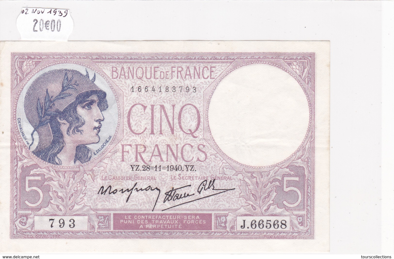 Billet De 5 Francs VIOLET Du 28 Novembre 1940 - J.66568 Alph 793 @ N° Fayette : 4.15 - 5 F 1917-1940 ''Violet''