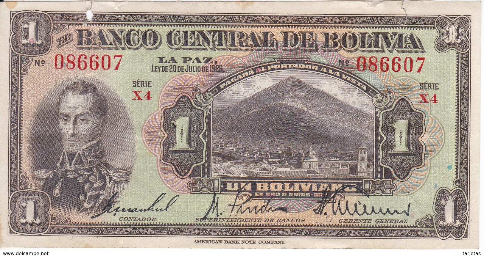 BILLETE DE BOLIVIA DE 1 BOLIVIANO DEL AÑO 1928 SERIE X4 (BANKNOTE) - Bolivia