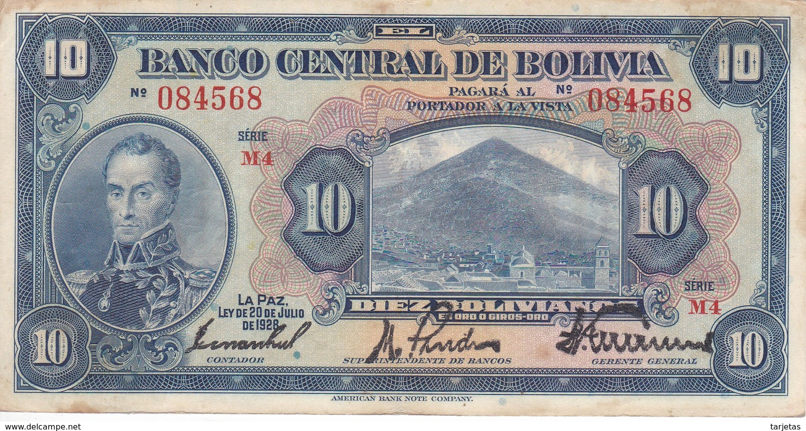 BILLETE DE BOLIVIA DE 10 BOLIVIANOS DEL AÑO 1928 SERIE M4 (BANKNOTE) - Bolivie