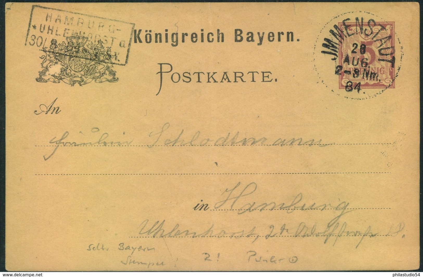 1884, Ganzsachenkarte Von IMMENSTADT Nach HAMBURG UHLENHORST - Postal  Stationery