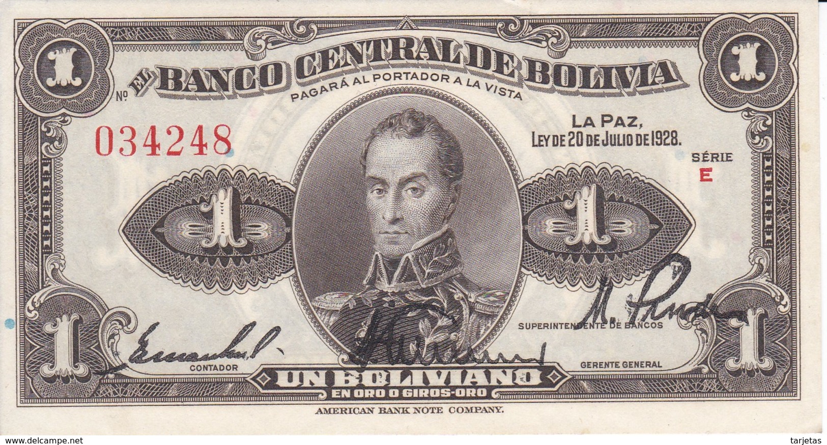 BILLETE DE BOLIVIA DE 1 BOLIVIANO DEL AÑO 1928  SERIE E FIRMA GERENTE DESPLAZADA (BANKNOTE) - Bolivie