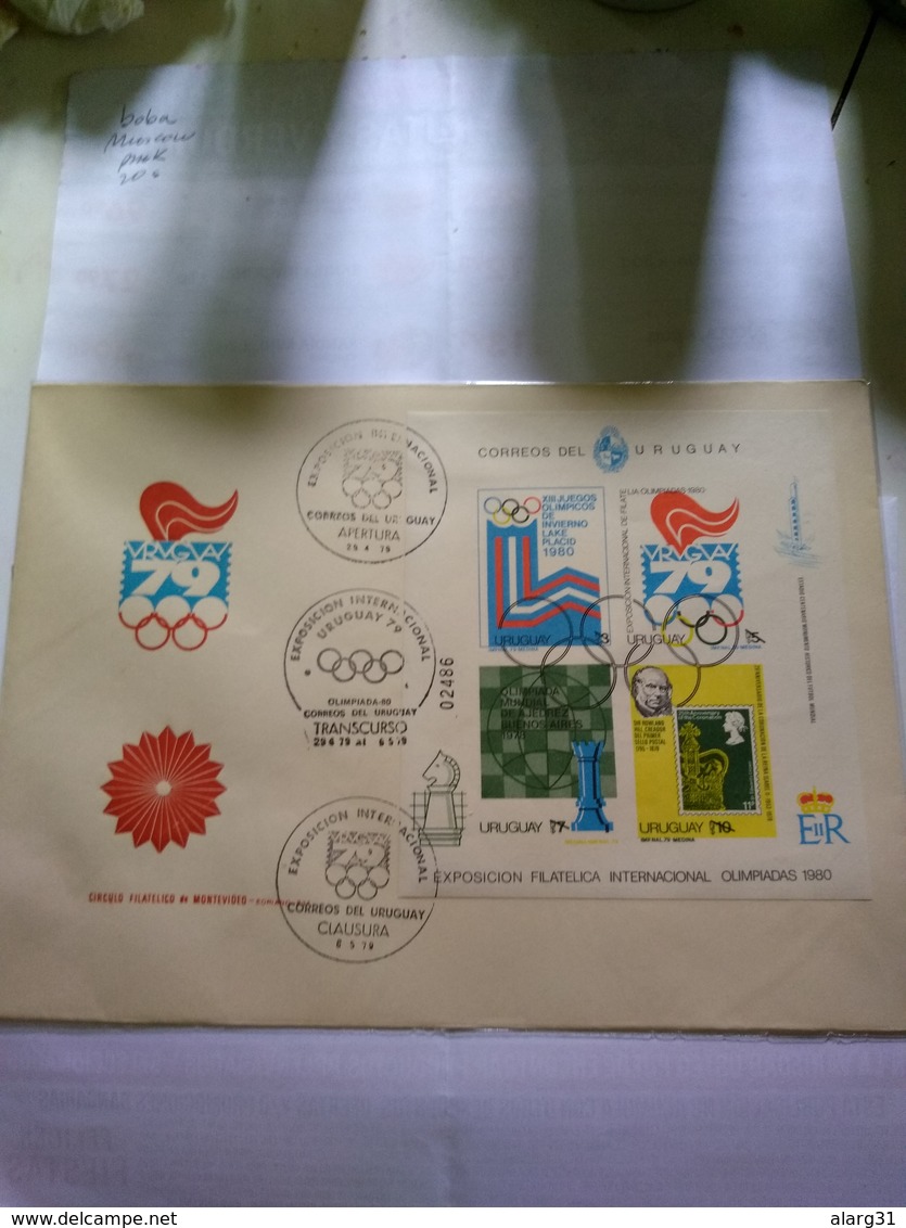 Uruguay Ss Fdc Moscu 80 Moscow 80 Olimpics Philatelic Exhibitions Chess Imperf With 3 Pmks - Estate 1980: Mosca