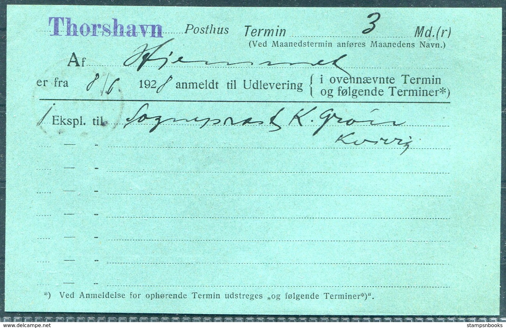 1928 Faroe Islands Avissag Post Form. Thorshavn - Faroe Islands