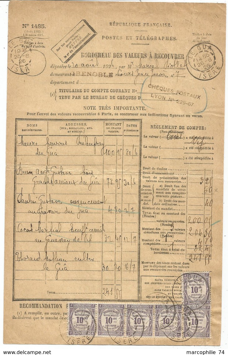 TAXE 10C VIOLET RECOUVREMENTS X6 LE GUA ISERE 26.8.1926 SUR BORDEREAU DES VALEURS - 1859-1959 Lettres & Documents