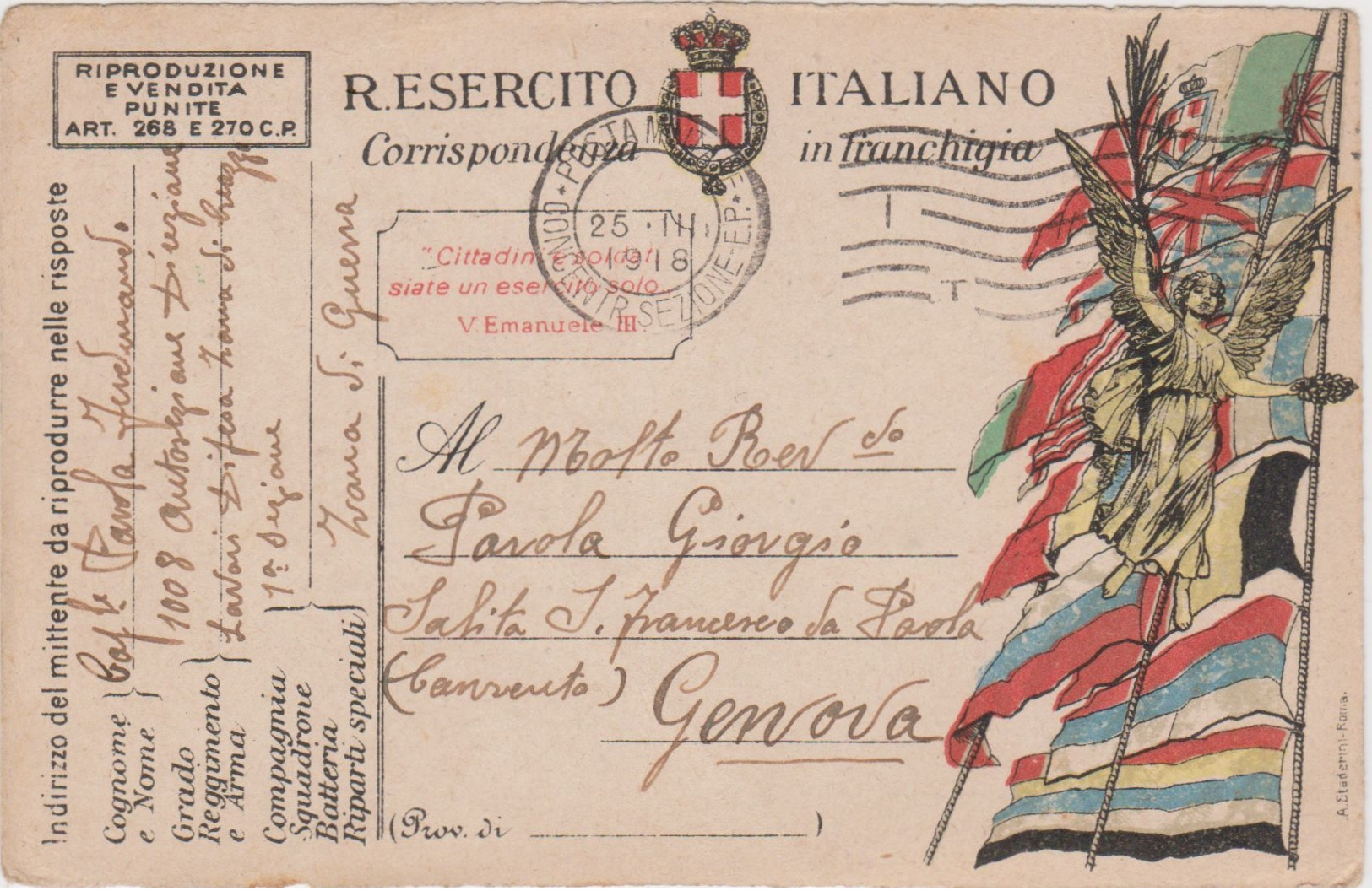 1918 POSTA MILITARE/CONCENTR SEZIONE E.P./I T Annullo Meccanico (25.3) Su Cartolina Franchigia - Storia Postale