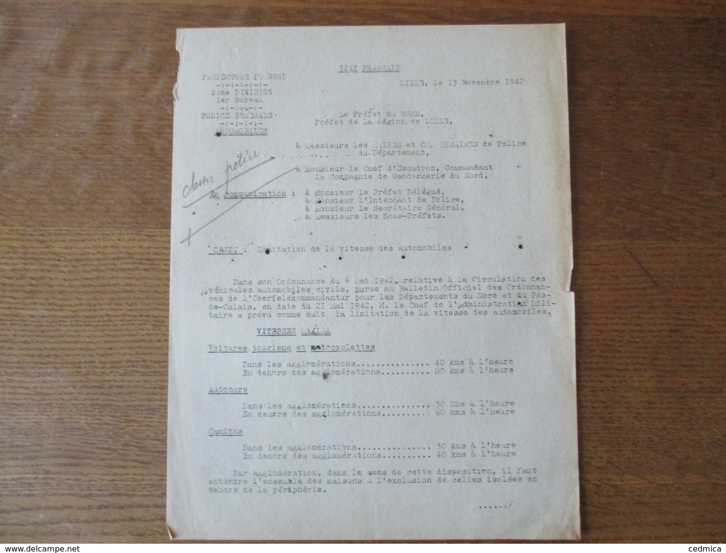 ETAT FRANCAIS LILLE LE 13 NOVEMBRE 1942 LE PREFET DU NORD OBJET LIMITATION DE LA VITESSE DES AUTOMOBILES - Documents Historiques