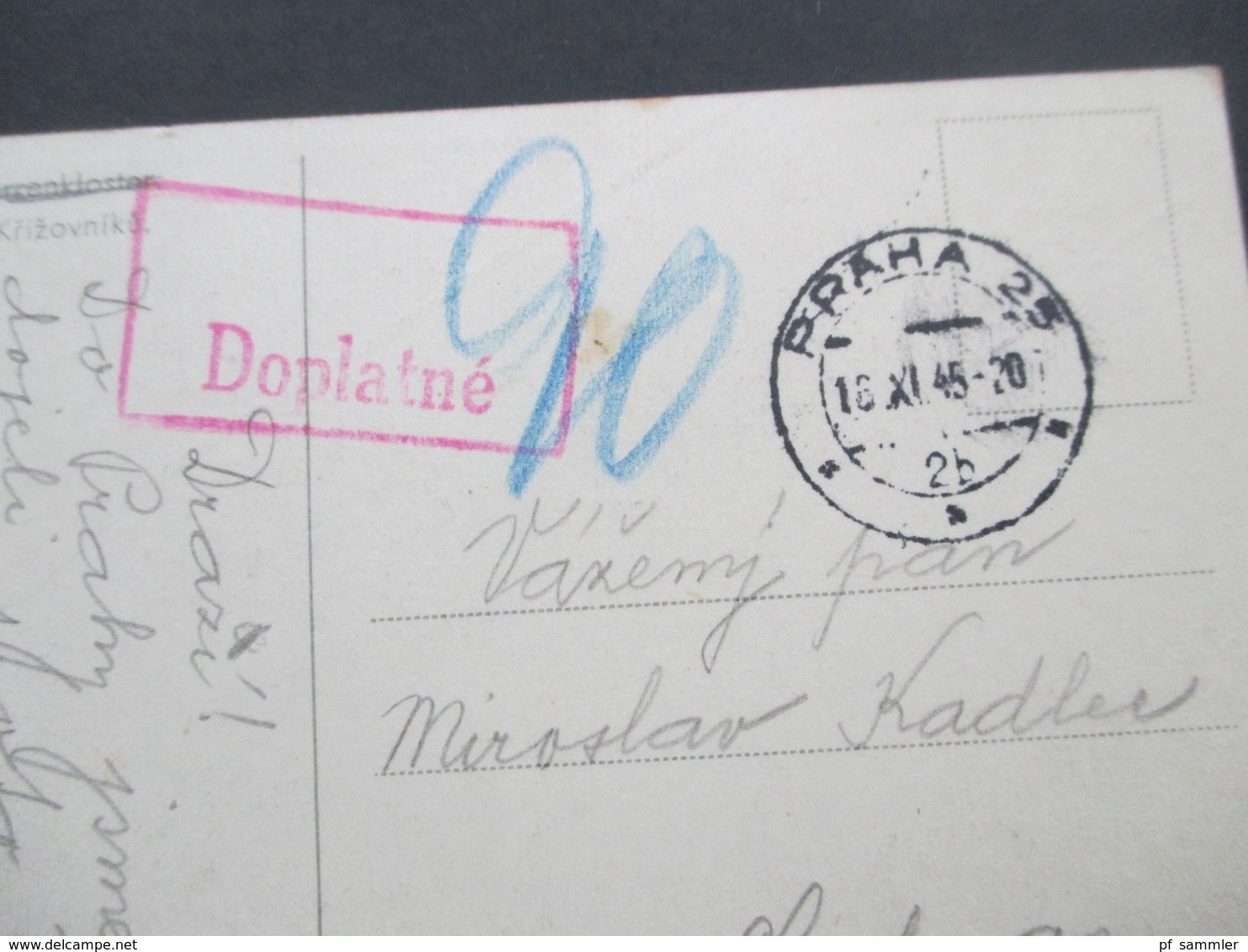 CSSR 11.1945 AK Prag Brückenturm Und Kreuzherrenkloster Rosa Rahmenstempel Doplatne / Nachgebühr - Cartas & Documentos