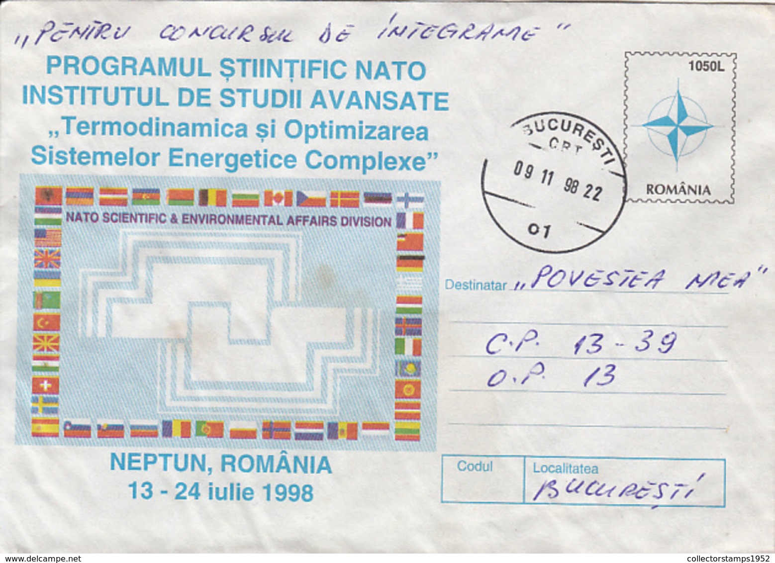 85000- NATO SCIENCE PROGRAMME, ORGANIZATIONS, COVER STATIONERY, 1998, ROMANIA - NAVO