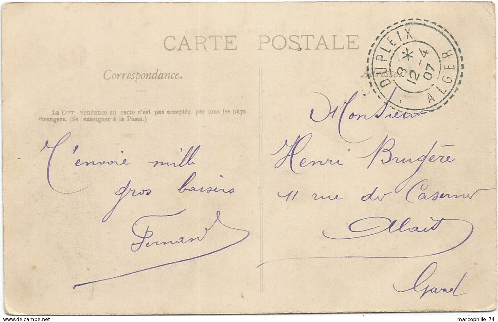 BLANC 5C AU RECTO CARTE ALGERIE  FACTEUR BOITIER DUPLEIX 12.4.1907 ALGER - 1900-29 Blanc