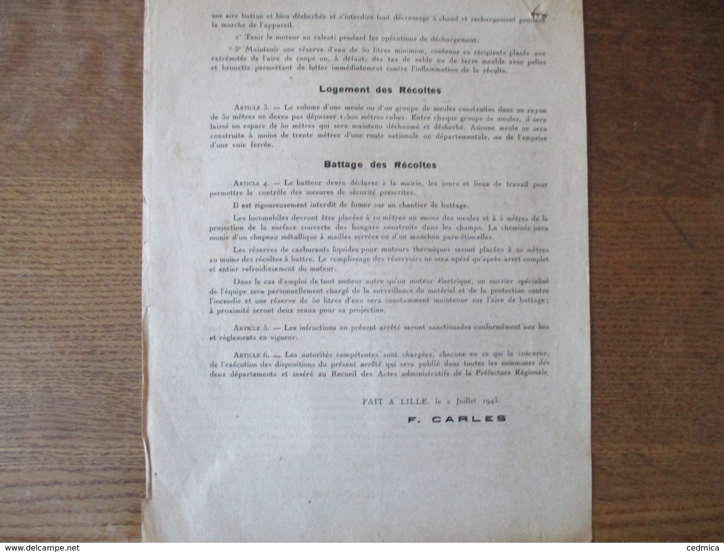 ETAT FRANCAIS LILLE LE 2 JUILLET  1943 LE PREFET DU NORD F.CARLES ARRÊTE PROTECTION DES RECOLTES CONTRE L'INCENDIE - Historische Dokumente