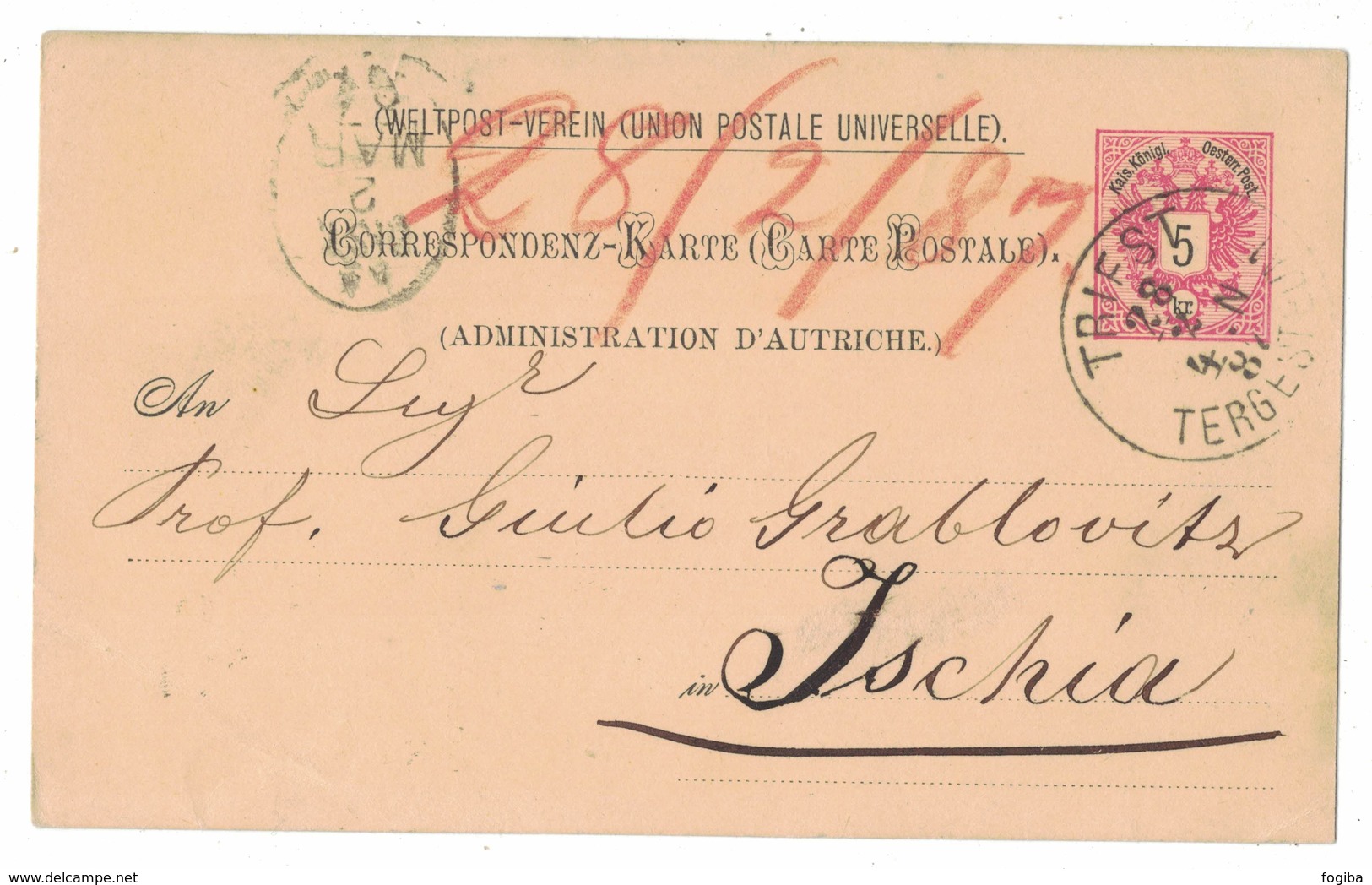 IZ123   Austria, Österreich Triest (Trieste) Postkarte 1887 Nach Ischia - Storia Postale