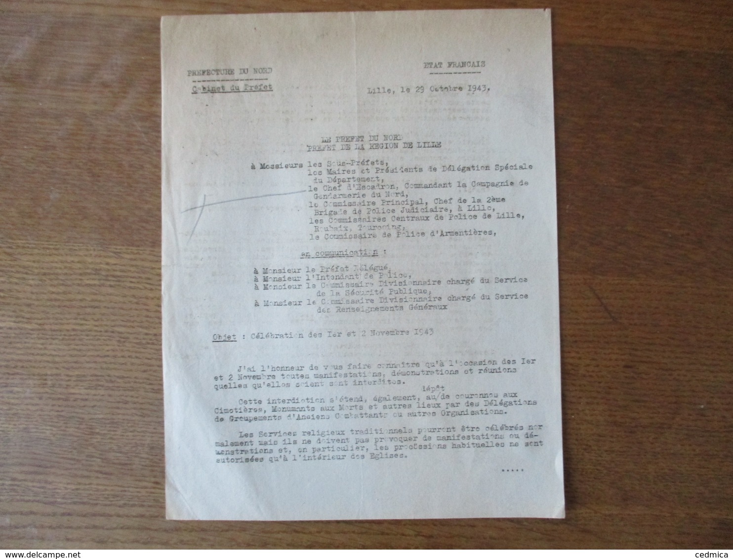 ETAT FRANCAIS LILLE LE 29 OCTOBRE 1943 LE PREFET FERNAND CARLES NOTE OBJET CELEBRATION DES 1er ET 2 NOVEMBRE 1943 - Documents Historiques