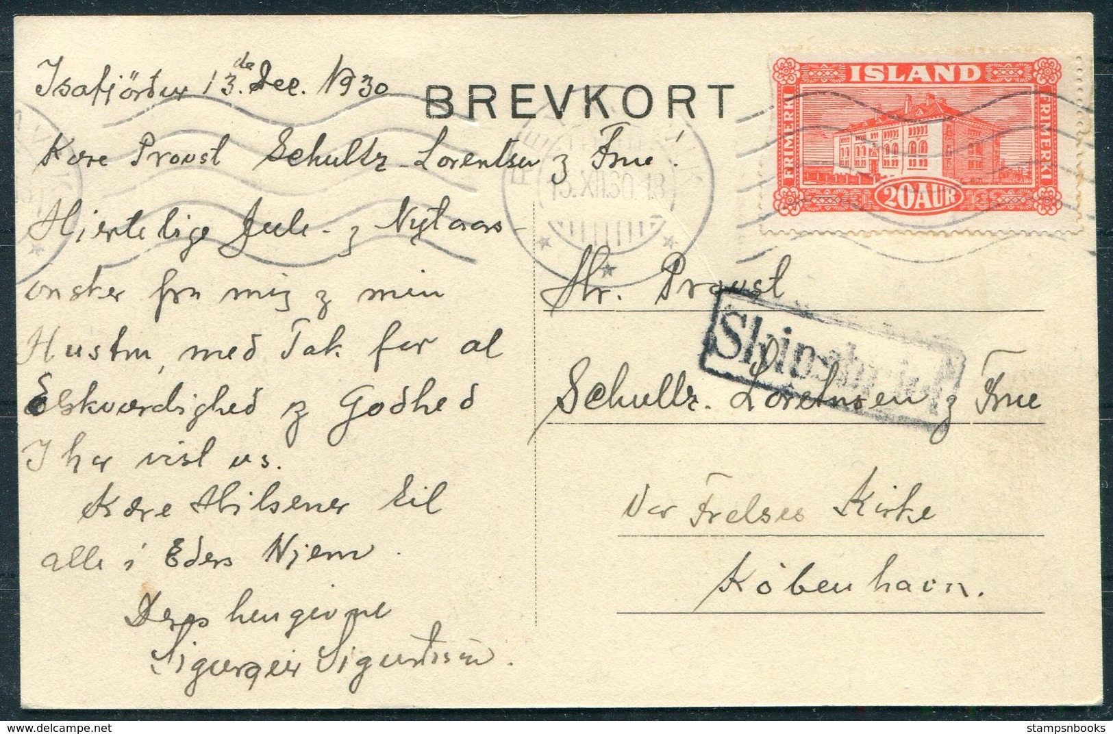 1930 Iceland Isafjordur Postcard, Reykjavik Machine Cancel - Copenhagen. Paquebot, Ship Letter, SKIPSBRIEF - Lettres & Documents