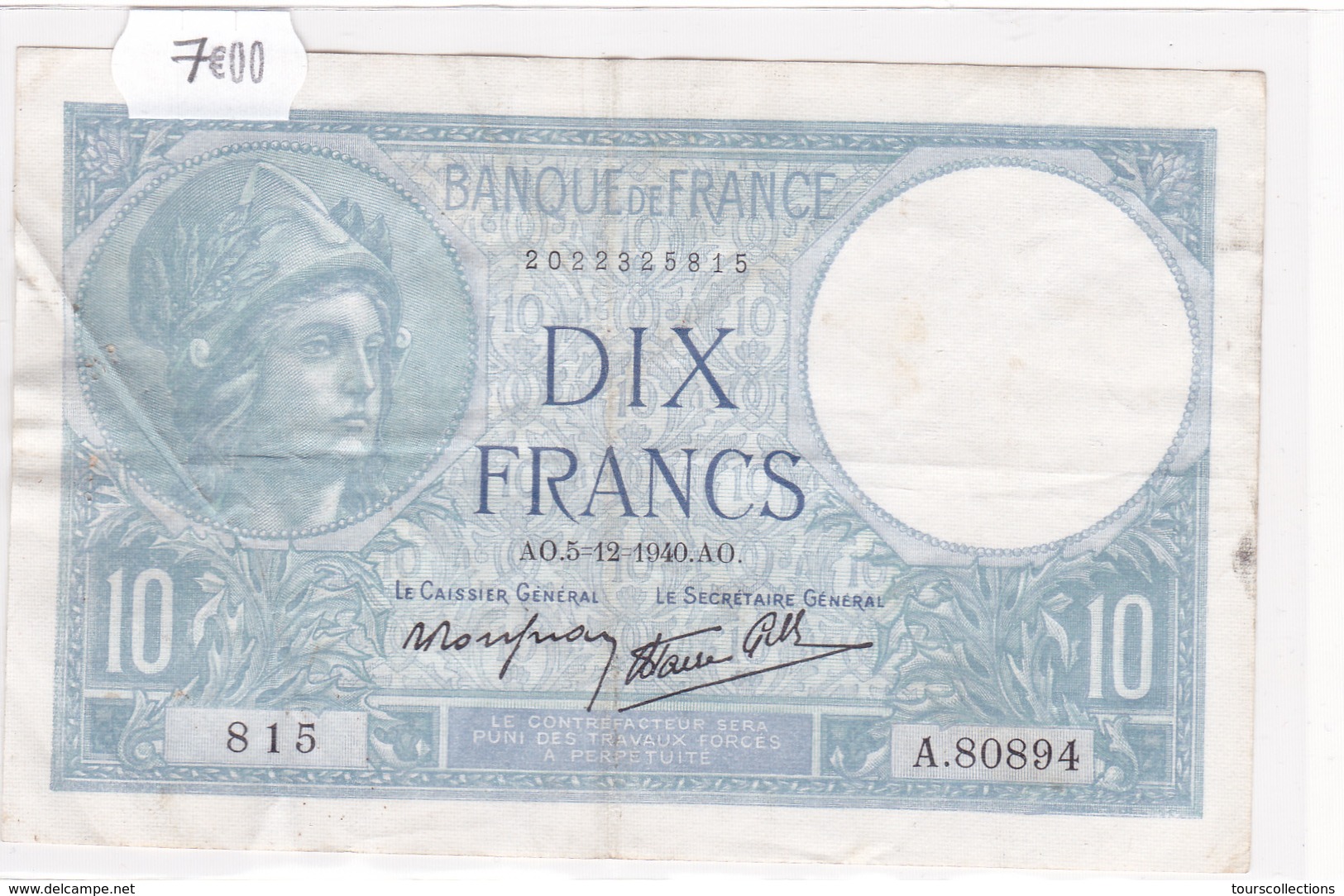 Billet De 10 Francs MINERVE Du 5 Décembre 1940 - A .80894 Alph 815 @ N° Fayette : 7.23 - 10 F 1916-1942 ''Minerve''