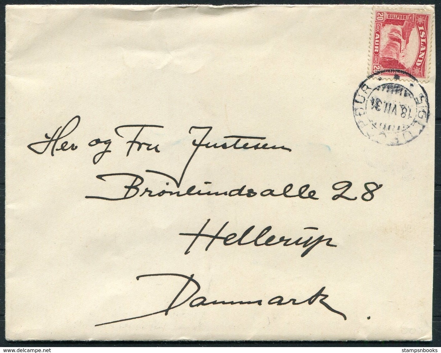 1934 Iceland 20 Aur Gullfoss, SIGLUFJÖRÐUR Cover - Hellerup Denmark - Brieven En Documenten