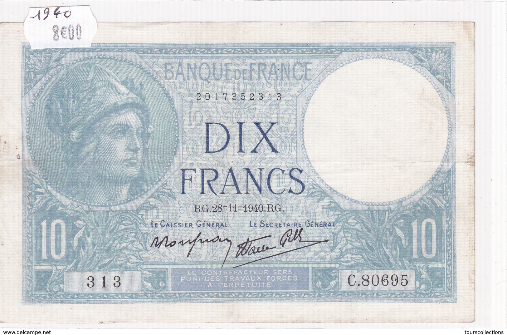 Billet De 10 Francs MINERVE Du 28 Novembre 1940 - C.80695 Alph 313 @ N° Fayette : 7.22 - 10 F 1916-1942 ''Minerve''