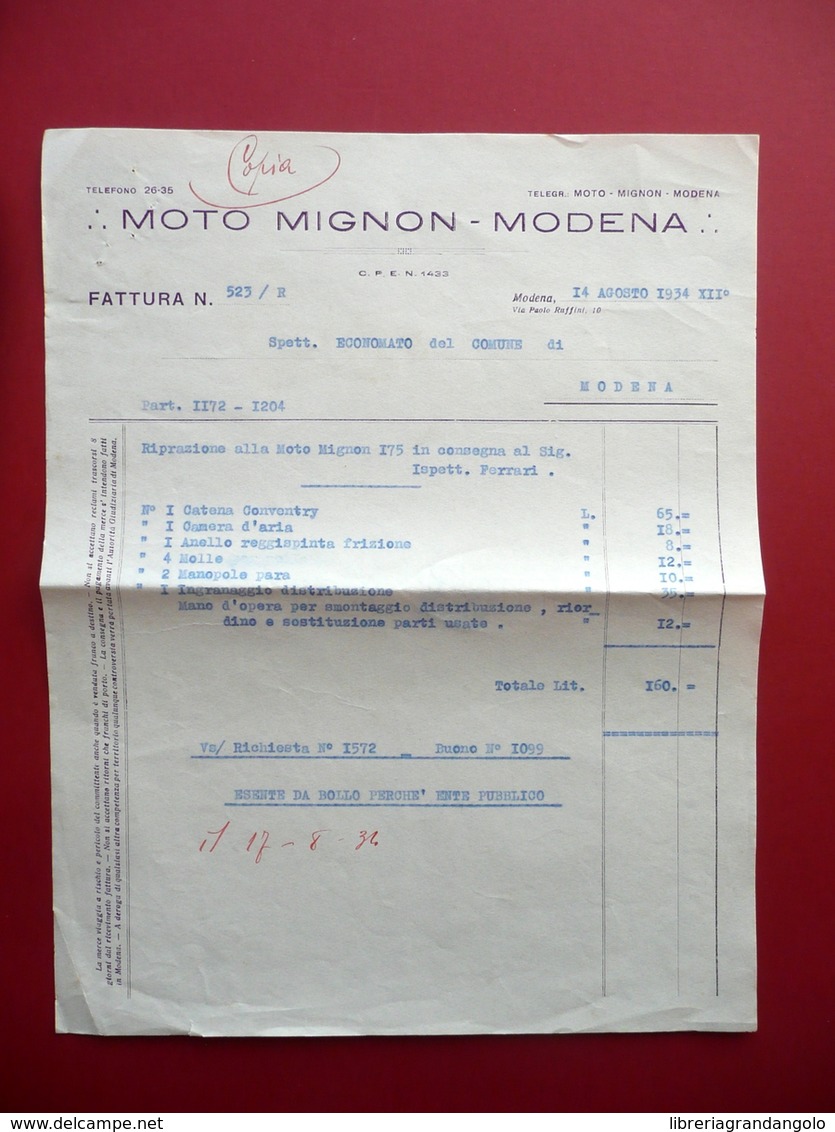 Fattura Moto Mignon Modena 14/8/1934 Riparazione Moto Mignon 175 - Non Classificati
