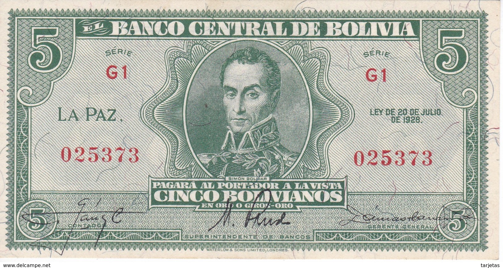 BILLETE DE BOLIVIA DE 5 BOLIVIANOS DEL AÑO 1928  SERIE G1 (SIN CIRCULAR - UNCIRCULATED)(BANKNOTE) - Bolivien