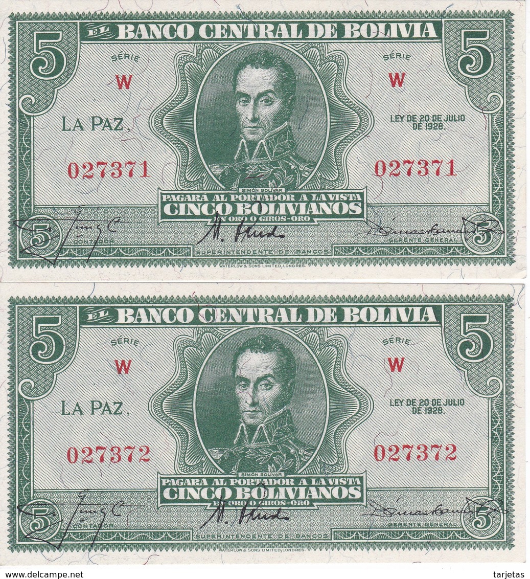 PAREJA CORRELATIVA DE BOLIVIA DE 5 BOLIVIANOS DEL AÑO 1928  SERIE W (SIN CIRCULAR - UNCIRCULATED)(BANKNOTE) - Bolivia