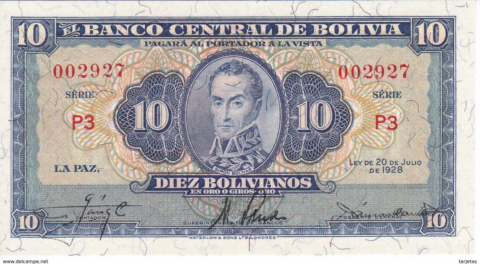 BILLETE DE BOLIVIA DE 10 BOLIVIANOS DEL AÑO 1928  SERIE P3 (SIN CIRCULAR - UNCIRCULATED) (BANKNOTE) - Bolivia