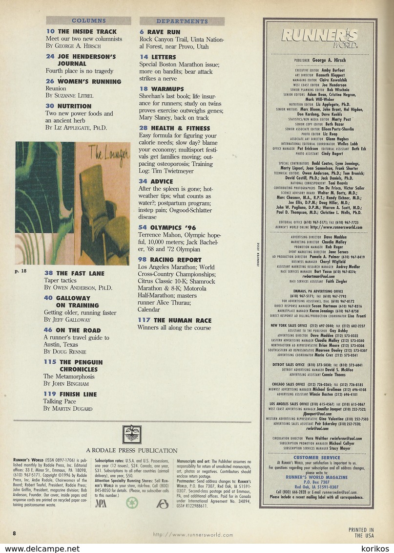 RUNNERS WORLD - RUNNER’S WORLD MAGAZINE - US EDITION - JUNE 1996 – ATHLETICS - TRACK AND FIELD - 1950-Aujourd'hui