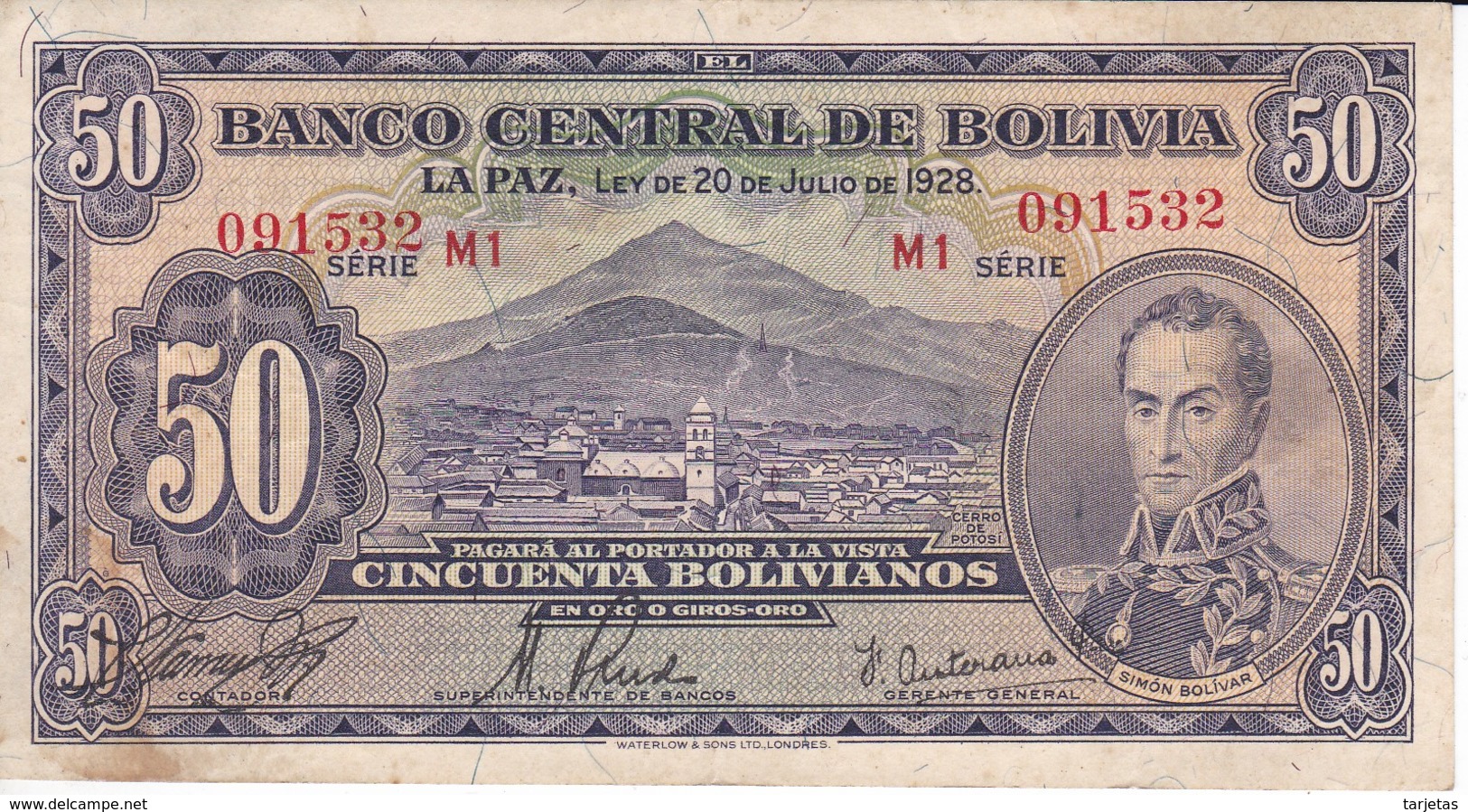 BILLETE DE BOLIVIA DE 50 BOLIVIANOS DEL AÑO 1928  SERIE M1 EN CALIDAD MBC (VF) (BANKNOTE) - Bolivië