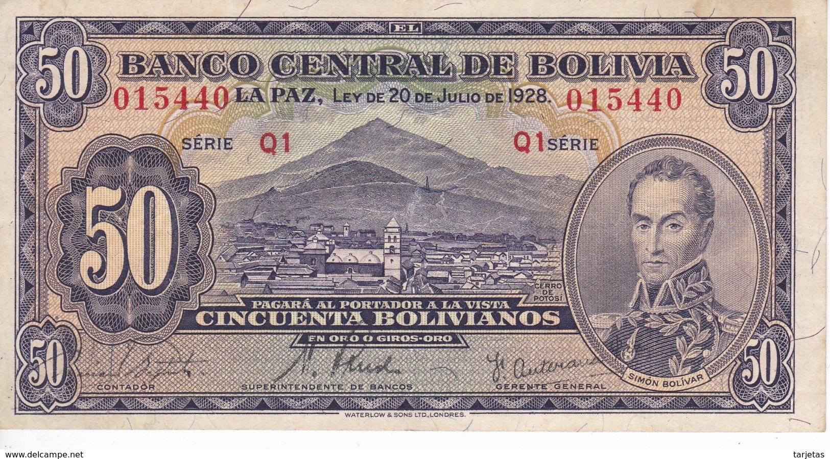 BILLETE DE BOLIVIA DE 50 BOLIVIANOS DEL AÑO 1928  SERIE Q1 EN CALIDAD EBC (XF) (BANKNOTE) - Bolivia