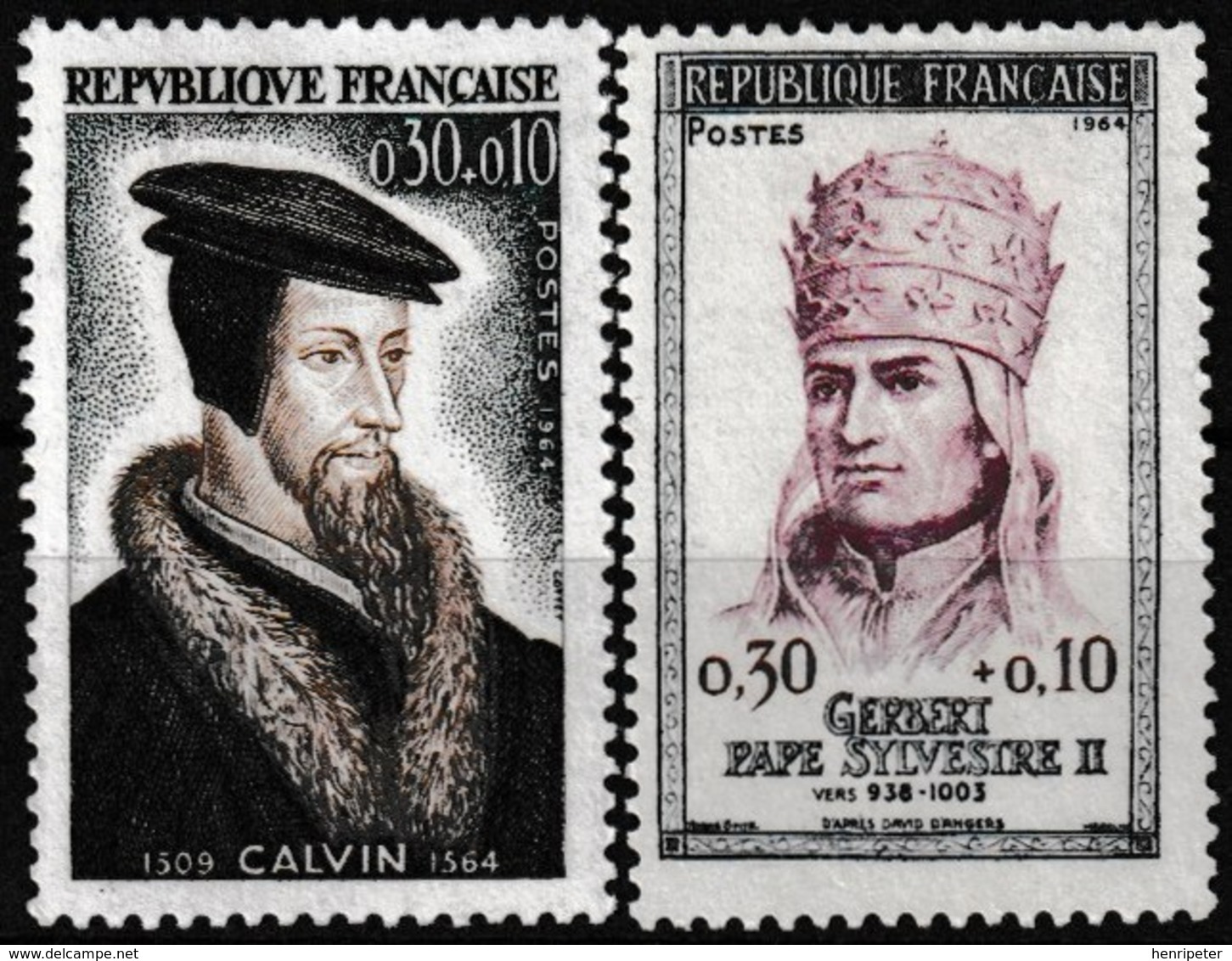 Série De 2 Timbres-poste Gommés Neufs** - Personnages Célèbres Jean Calvin Gerbert - N° 1420-1421 (Yvert) - France 1964 - Unused Stamps